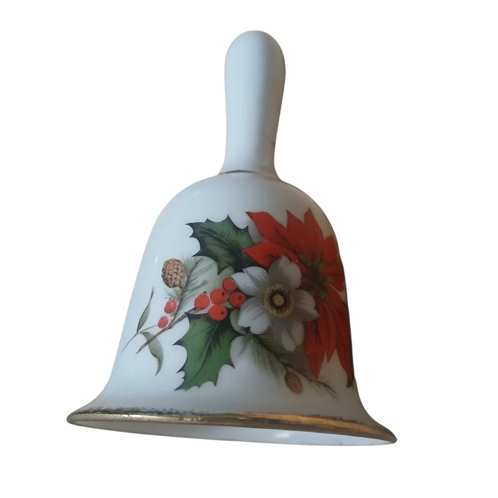 Vintage Festive Holiday Bell Genuine Fine Bone China Poinsettia Taiwan 1960's